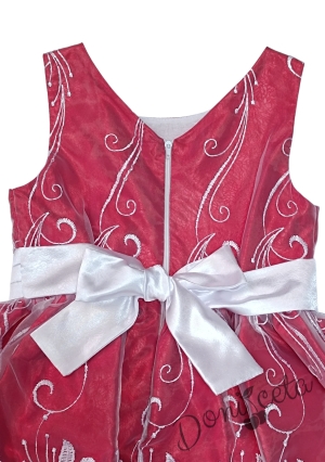 Официална детска рокля в червено с бяла дантела и цвете на нивото на кръста 4