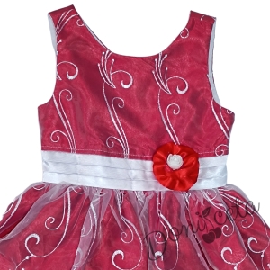 Официална детска рокля в червено с бяла дантела и цвете на нивото на кръста 5