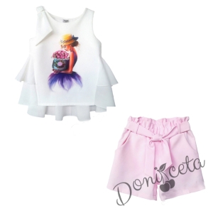 Children's set of shorts in rink with belt and tunic in white with girl