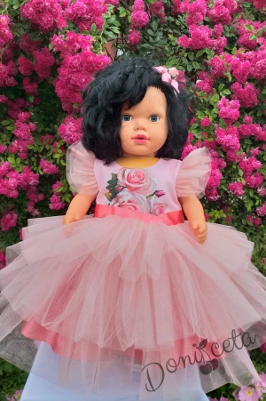 Официална детска рокля с рози и тюл в розов цвят 1