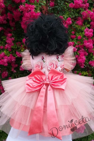 Официална детска рокля с рози и тюл в розов цвят 2
