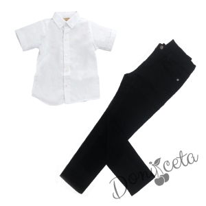 Комплект от дънков панталон в черно и риза в бяло с къс ръкав