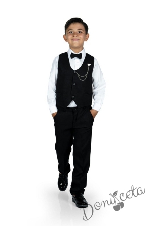 Официален костюм за момче от 4 части елек , риза в бяло, панталон и папийонка в черно и брожка-верижка 11311256