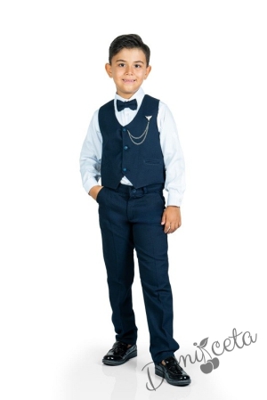 Официален костюм за момче от 4 части елек , риза в бяло, панталон и папийонка в тъмносиньо и брожка-верижка 11211355 1