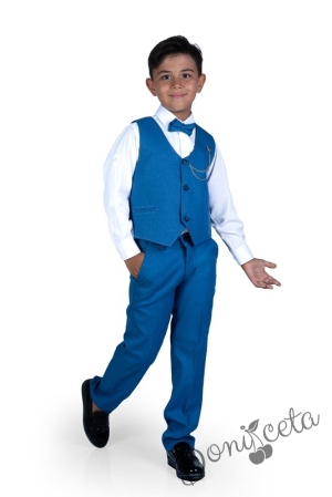Официален костюм за момче от 4 части елек , риза в бяло, панталон и папийонка в синьо и брожка-верижка 11211353