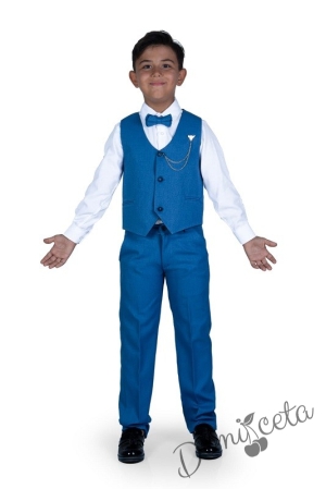 Официален костюм за момче от 4 части елек , риза в бяло, панталон и папийонка в синьо и брожка-верижка 11211353 2