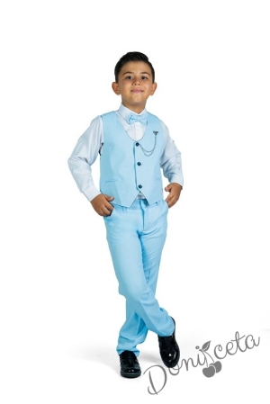 Официален комплект за момче от 4 части елек , риза в бяло, панталон и папийонка в светлосиньо и брожка-верижка 11311252 1