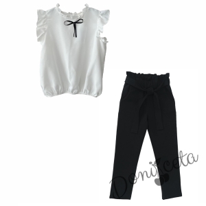 Комплект от риза с къс ръкав в бяло и панталон в черно