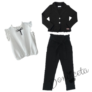 Комплект от 3 части риза с къс ръкав в бяло, панталон и сако в черно