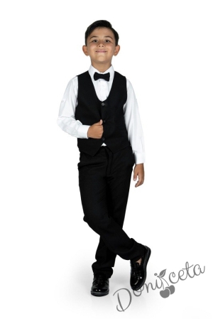 Официален костюм за момче от 4 части елек , риза в бяло, панталон и папийонка в черно  1