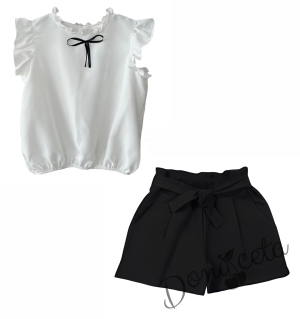 Комплект за момиче от къси панталони в черно и риза с панделка