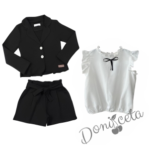 Комплект за момиче от къси панталони в черно и риза с панделка и сако