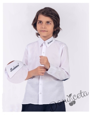 Детска риза в бяло с дълъг ръкав за момче с надпис 