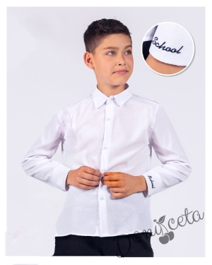 Детска риза в бяло с дълъг ръкав с надпис за момче 