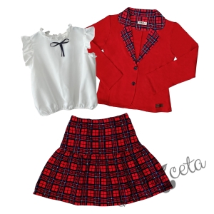 Детски комплект за момиче от карирана пола и сако в червено с каре и риза в бяло с къс ръкав Contrast 1