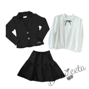 Комплект от 3 части риза с дълъг ръкав в бяло Contrast, пола и сако в черно
