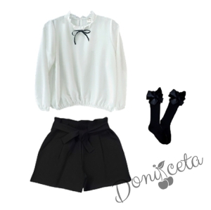 Комплект за момиче от 3 части къси панталони в черно и риза с дълъг ръкав в бяло Contrast и чорапи в черно