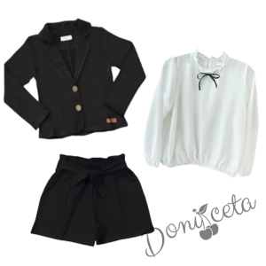 Комплект за момиче от къси панталони в черно и риза с дълъг ръкав Contrast в бяло с панделка и сако в черно 1