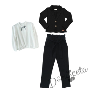 Комплект от 3 части риза с дълъг ръкав в бяло Contrast, панталон и сако в черно
