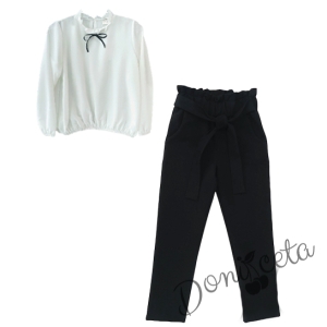 Комплект от 3 части риза с дълъг ръкав в бяло Contrast, панталон и сако в черно 2