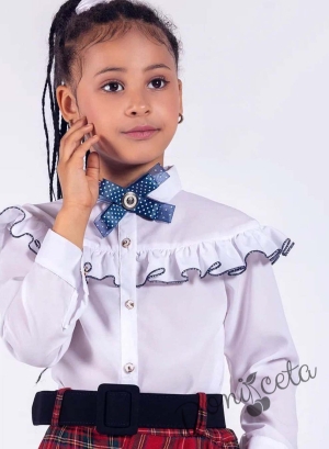 Детска риза за момиче с дълъг ръкав в бяло с къдрици и брошка с панделка в тъмносиньо 43541051
