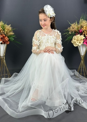 Официална дълга детска рокля в бяло с дълъг ръкав от тюл и 3D листа Шарлот