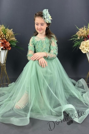 Официална дълга детска рокля в светлозелено с дълъг ръкав от тюл и 3D листа Шарлот