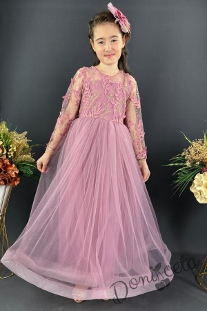Официална дълга детска рокля в пепел от рози с дълъг ръкав от тюл и 3D листа Шарлот 1