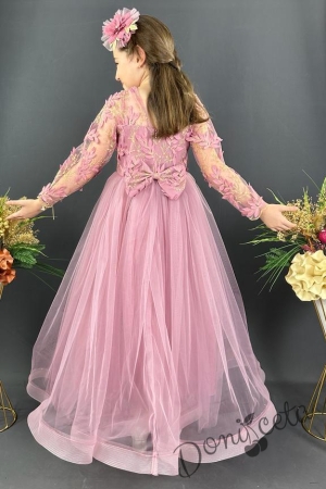 Официална дълга детска рокля в пепел от рози с дълъг ръкав от тюл и 3D листа Шарлот 3