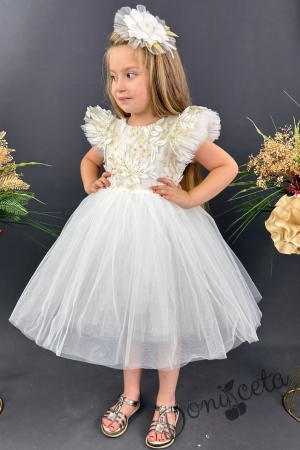 Официална детска рокля Шарлот в бяло с къс ръкав с тюл, 3D листа и панделка за коса