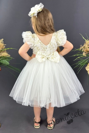 Официална детска рокля Шарлот в бяло с къс ръкав с тюл, 3D листа и панделка за коса 2