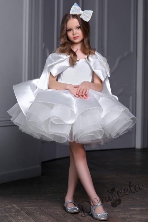 Официална детска рокля от богат тюл и сатен с къс ръкав панделка в бяло с фиба за коса панделка Анастасия