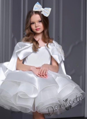 Официална детска рокля от богат тюл и сатен с къс ръкав панделка в бяло с фиба за коса панделка Анастасия 2