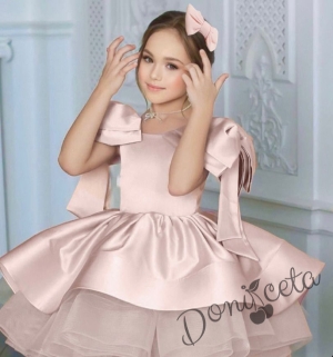 Официална детска рокля от богат тюл и сатен с къс ръкав панделка в пепел от рози Анастасия