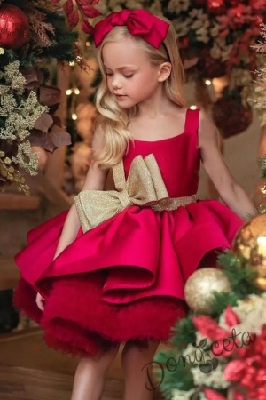 Официална детска рокля от богат тюл и сатен без ръкав в червено с голяма златиста панделка и фиба за коса Сесилия