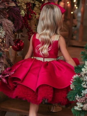 Официална детска рокля от богат тюл и сатен без ръкав в червено с голяма златиста панделка и фиба за коса Сесилия 2
