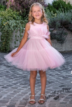 Официална детска рокля без ръкав с богат тюл в розово Анелия
