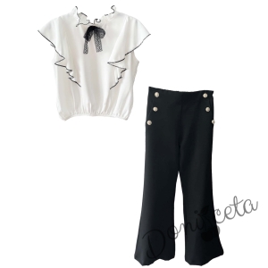 Комплект за момиче от риза с къс ръкав и къдрици и панталон тип Чарлстон в черно 1