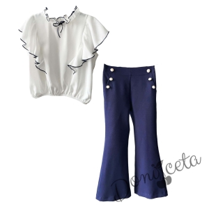 Комплект за момиче от риза с къс ръкав и къдрици и панталон тип Чарлстон в тъмносиньо 1