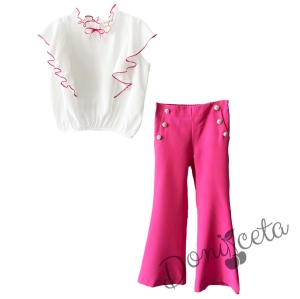 Комплект за момиче от риза с къс ръкав и къдрици и панталон тип Чарлстон в циклама 1