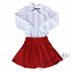 Комплект от риза в бяло на Contrast и кожена пола в червено 1