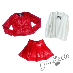 Комплект от риза в бяло на Contrast и кожена пола в червено и яке 1