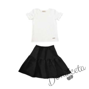 Комплект от детска рипсена блуза с къс ръкав в бяло и пола в черно