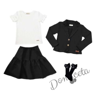 Комплект от 4 части рипсена блуза с къс ръкав в бяло, пола и сако в черно и чорапи