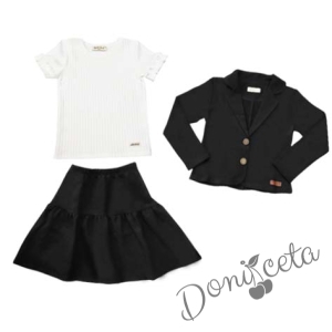 Комплект от 4 части рипсена блуза с къс ръкав в бяло, пола и сако в черно и чорапи 2