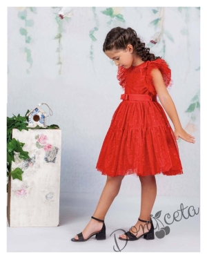 Официална детска рокля в червено с дантела Монел 2