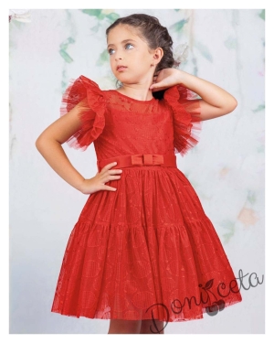 Официална детска рокля в червено с дантела Монел 3