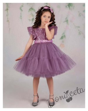 Официална рокля Анаис в лилаво с пайети и тюл с къс ръкав 2