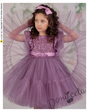 Официална рокля Анаис в лилаво с пайети и тюл с къс ръкав 3