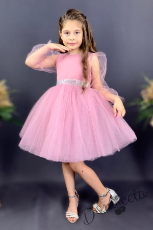 Официална детска рокля Рангелина  с дълъг в розово с ангелски крила1